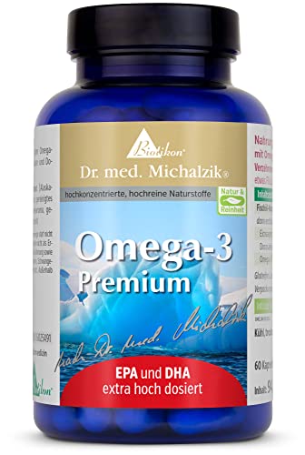Omega 3 Premium Original según Dr. Med. Michalzik: Omega-3 Premium contiene 1000 mg de aceite de pescado concentrado por dosis diaria (2 cápsulas), sin aditivos BIOTIKON®