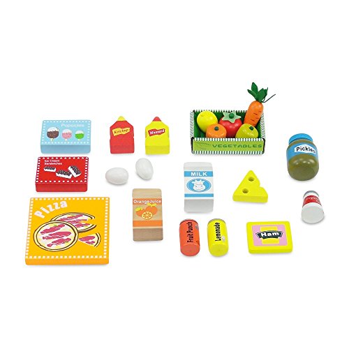 18 Inch Doll Wooden Play Kitchen Refrigerator Freezer Toy Gift Set, Includes 20 Pretend Food Accessories | Doll Not Included