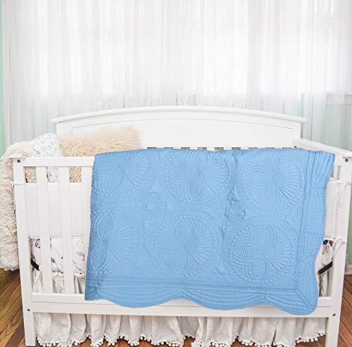 MONOBLANKS Personalized Monogram Baby Quilt - Navy Blue Lightweight Cotton Embossed Scalloped Throw Blanket