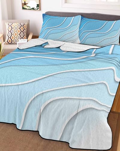 3-Piece Summer Quilt Twin XL Size, Blue, Lightweight Cooling Bedding Comforter Blanket with 2 Pillow Shams, Modern Abstract Gradient Watercolor Ombre Bedspreads Quilted Coverlet Sets 68