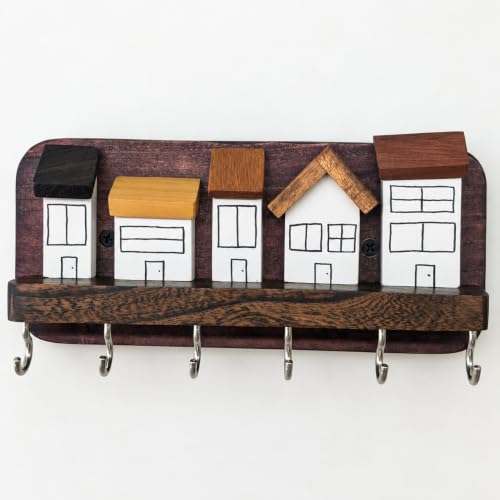 Image of 'Street' Hand Painted Wooden Key Holder for Home (4 Types of Wood). Key Hangers for wall Key Holder Stand Key Stand for wall Keychain Holder for wall (Street) Black (Houses)