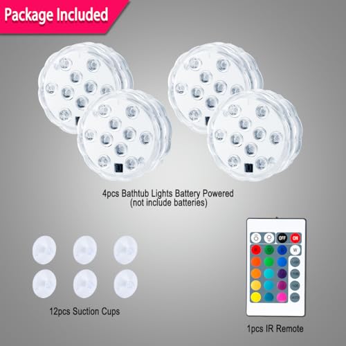 Dobertry Bathtub Lights, Battery Powered Underwater Glow Light for Bathtime Bath Tub Spa Light Bathroom Shower Light, Bath Accessories for Women Relaxing, Remote Control Color Changing, RGB, 4pcs