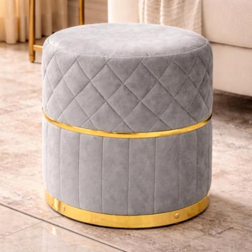 Image of Premium Velvet Puffy Ottoman Stool for Living Room, Bedroom and Dressing Area | Round Footrest with Diamond Quilting and Gold Base | Soft, Stylish and Durable Seating (Silver Grey)