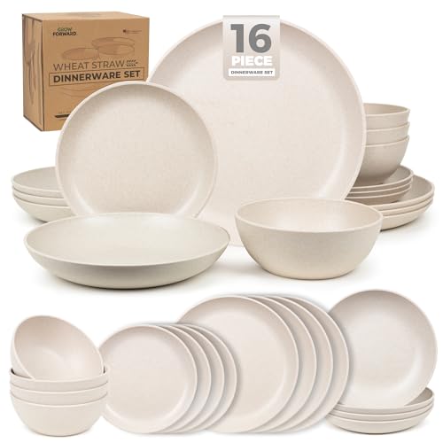 Grow Forward 16-piece Premium Wheat Straw Dinnerware Sets for 4 - Unbreakable Dishwasher & Microwave Safe Plastic Plates and Bowls Sets - Patio, Outdoors, RV, Camping Dishes - Sahara