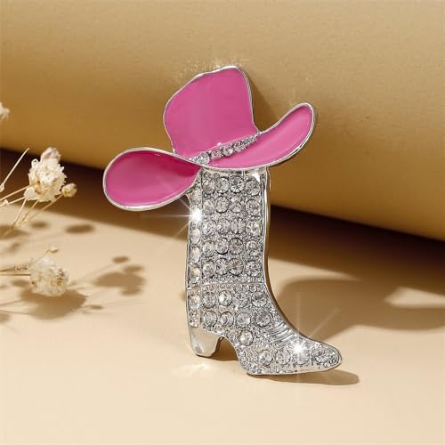 Image of Cut Boot Rhinestones Pink Cowboy Hat Brooch Lapel Pins for Women Girls Fashion Trendy Party Christmas Crystal Brooches Pin Dress Suit Ceremony Hat Bag Clothes Accessories Holiday Gift