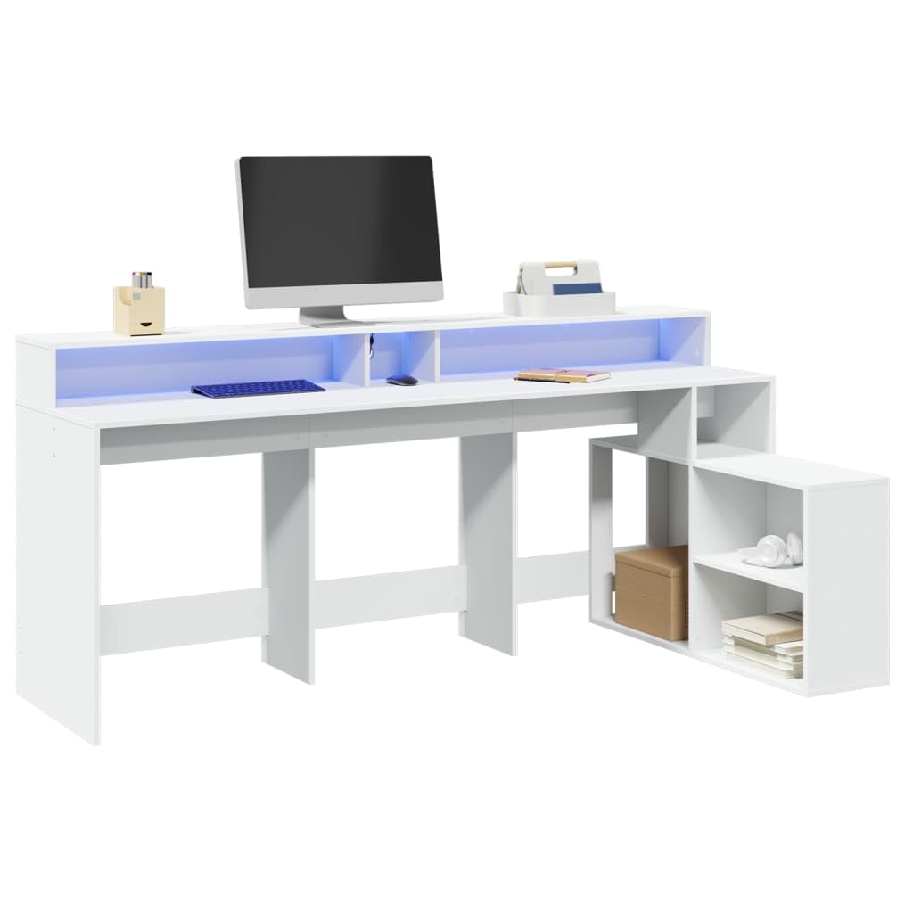 Scrivania LED bianca, 200 x 104 x 91 cm, materiale in legno, con illuminazione RGB, ampio spazio per gaming e ufficio