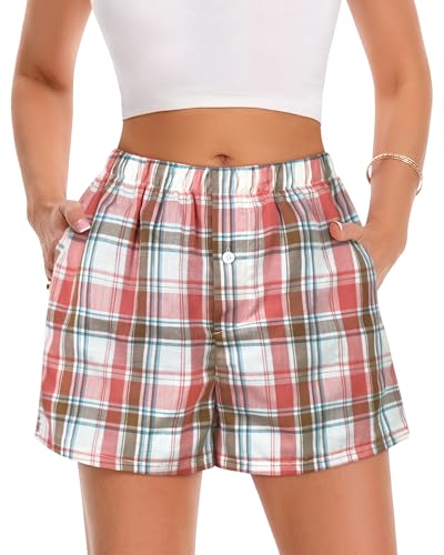 Image of Women Boxer Shorts Summer Gingham Pj Casual Plaid Bottoms with Pocket
