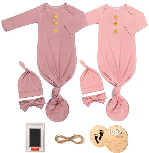 Image of 2Pk Newborn Baby Knotted Gowns, Soft Sleeper Coming Home Outfit with Hello World Announcement Sign & Ink Pad for Baby Birth