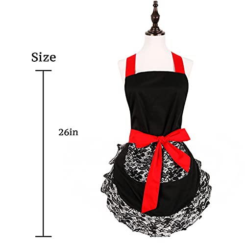 Rosielily Sexy Aprons For Women Lace Apron Vintage Apron Retro Apron With Pockets Frilly Apron Ruffle Apron For Cooking Baking Black Dress Cotton 50S Personalized Ladies Apron Retro Gifts For Women #TOP3