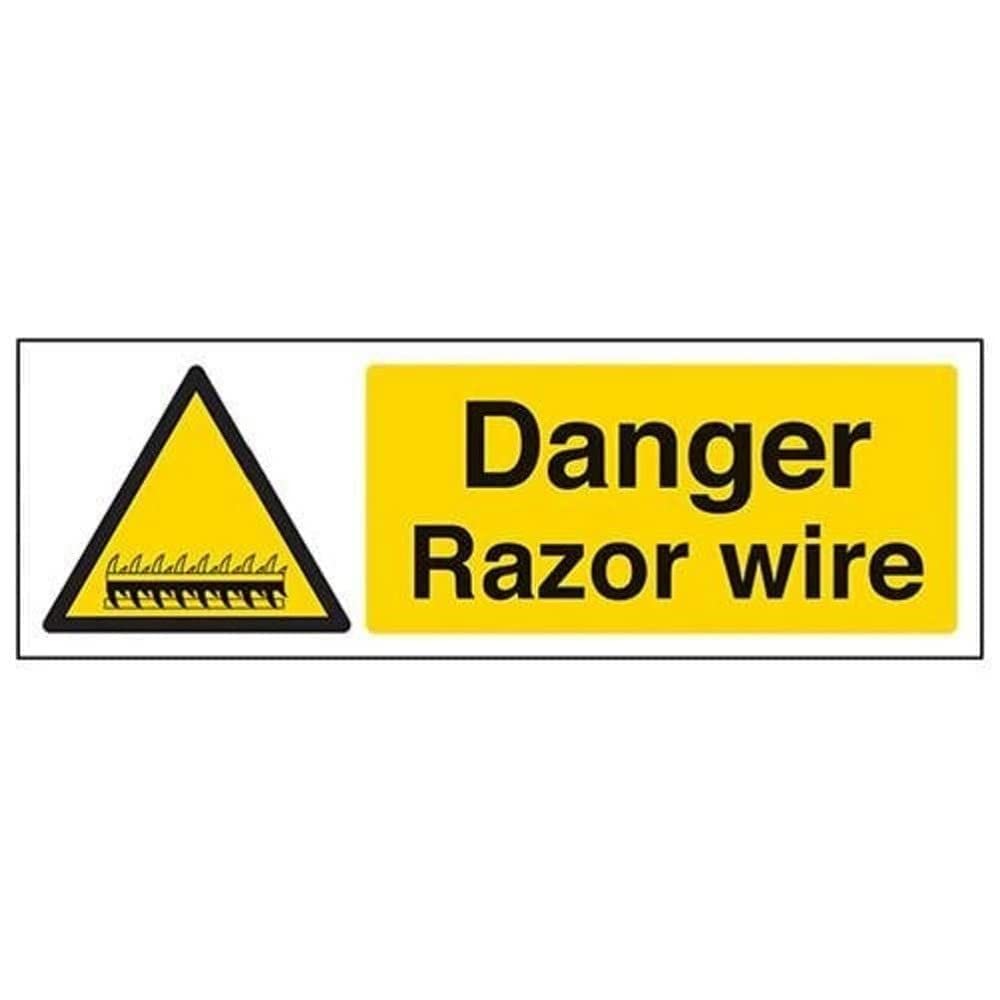 V Safety 63026AX-R2 Danger Razor Wire Sign - Landscape - 300mm x 100mm - 2mm Rigid Plastic