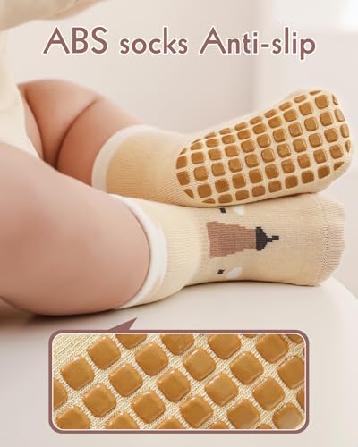 Kyopp 5 Paar Stoppersocken Baby Kleinkinder ABS rutschfeste Socken Tiermotive Kindersocken Animals Baumwolle Crew Socks