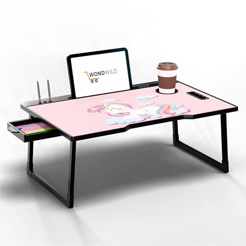 Image of WONDWILD Smart Multipurpose Foldable Laptop Table with Cup Holder, Study Table, Bed Table, Breakfast Table, Foldable and Portable /Ergonomic & Rounded Edges /Non-Slip Legs (ABS UK)