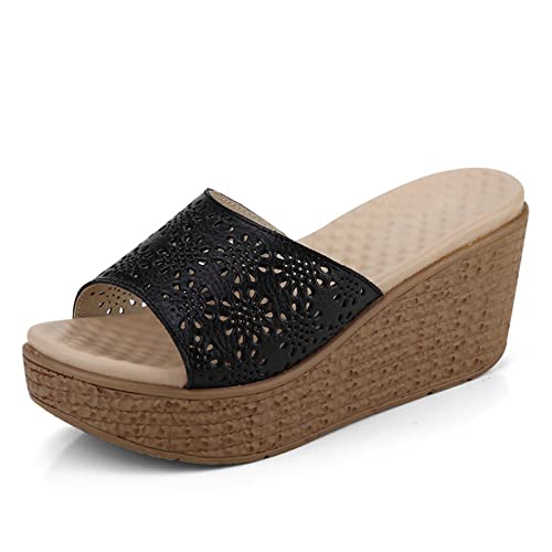 fereshte Women's Hollow Out Flower Sandals Platform Slide Open Toe Leather