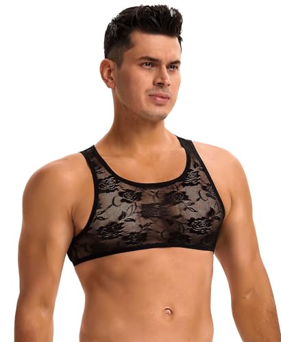 ohyeahlady Mens Floral Lace Crop Top Sexy Mesh Sheer Half Vest Stretch Muscle Tank Tops Undershirt Sissy Bra Clothing Black XL
