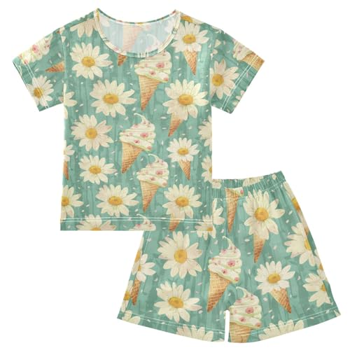 ALAZA Daisy Flowers Ice Creams Pajama Set Short Sleeve Sleepwear Soft Lounge Nightwear