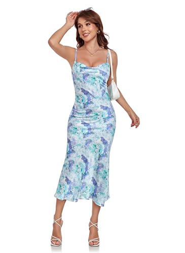 Image of Women's Spaghetti Strap Midi Satin Silk Dresses Slip Cowl Neck Party Cocktail Evening Sexy Dress