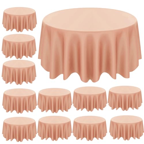 Image of CIEOVO 12 Pcs 84 Inch Rose Gold Round Plastic Disposable Table Cloth Waterproof Tablecloth Circle Table Covers for Valentine's Day Bridal Wedding Birthday Gender Reveal Party Decorations