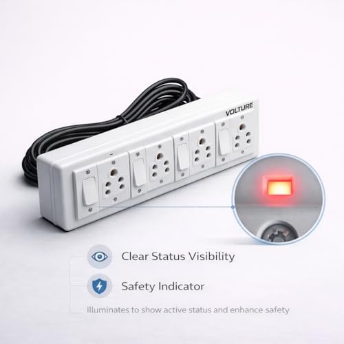 Image of VOLTURE Heavy Duty 4 Socket Extension Board with 4 Individual Switches | Spike Guard | 5 Meter Heavy Cable | High Load Multipurpose Junction Box for Home & Office Appliances