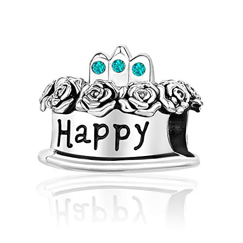 Image of Birthstones Happy Birthday Cake Charms Compatible with Pandora Charms Moments Bracelets Candle Crown Celebration Beads