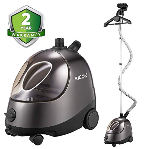 AICOK Steamer for Clothes Large Transparent Water Tank Drain Design Standing Steamer Professional Full Size Heavy Duty Garment Steamer with Fabric BrushGarment HangerAnti-Scalding