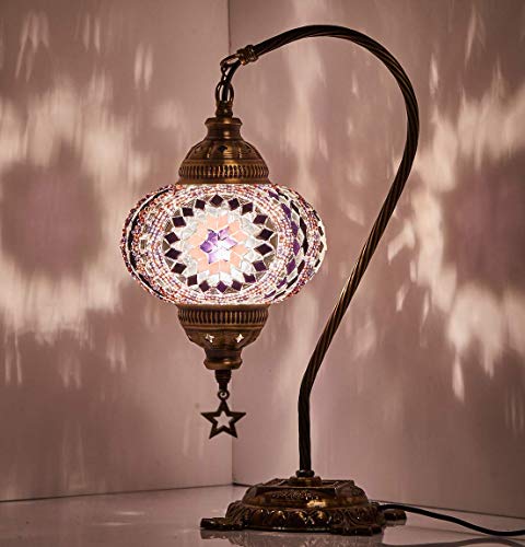 Up To 60% OFF (33 Colors) DEMMEX Turkish Moroccan Mosaic Table Lamp with US Plug & Socket, Swan Neck Handmade Desk Bedside Table Night Lamp Decorative Tiffany Lamp Light, Antique Color Body Purple (5)