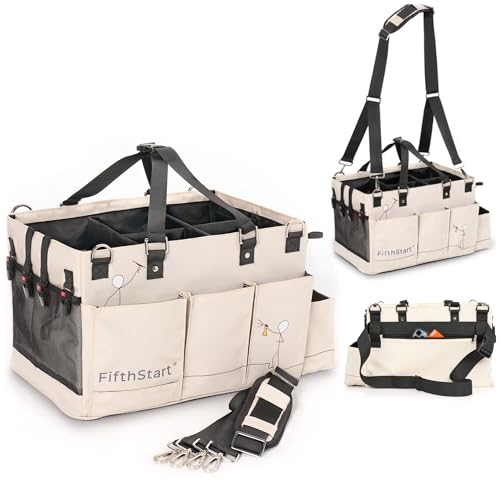 FifthStart Multiuse Cleaning Caddy with Waist & Shoulder Strap,9 Pockets Easily Cleaned Beach Bag, Mesh Base & Adjustable Compartments - Beige Large - Caddy Organizer with Handle, Cleaning Caddy Bag