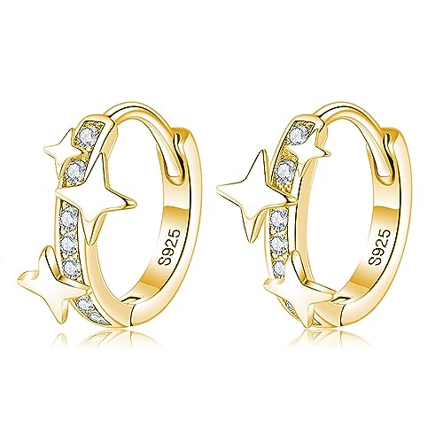 Reffeer Solid 925 Sterling Silver CZ Star Hoop Earrings for Women Teen Girls Star Huggie Hoop Earrings Hypoallergenic