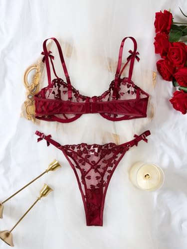 Image of Lilosy Sexy Underwire Cute Push Up Strappy Embroidered Mesh Sheer Lingerie Set See Through Panty Bra