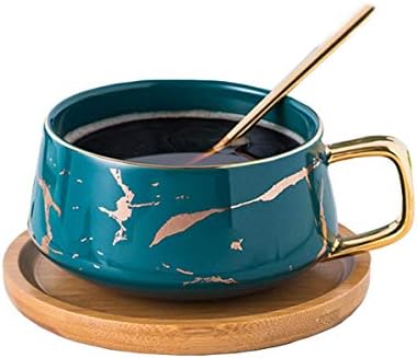 Eplze® YBK Tech Porcelain Tea Cup Coffee Mug Set for Afternoon Tea - Marble Pattern (Black, Tall 400ml + Wood lid)