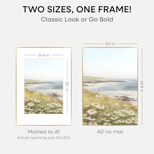 Image of Homeforia A0 Poster Frame Gold, High End Metal 33.1 x 46.8 inches Large Picture Frames with Mat 23.4 x 33.1 for Photo, A0 Size Frames Matted to A1 Print, 33.1x46.8 Thin Frame, Tempered Glass, Set of 1