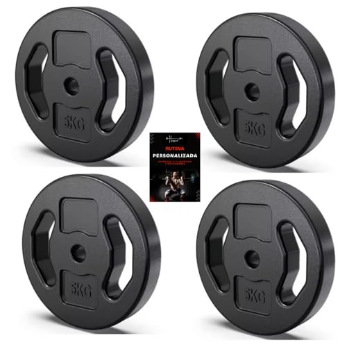Discos pesas, pesas, 30mm, 2,5kg - 5kg - 10kg, ejercicios gimnasio en casa, barra gimnasio, mancuerna, rutina entrenamiento, guia entrenamiento personalizada (4 X 5 KG)