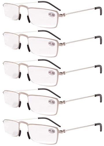 Eyekepper 5 Paia Occhiali da Lettura Presbiopia in Metallo Resistente Uomo Donna Occhiali da Vista Rettangolare Colore Argento Diottria +1.75