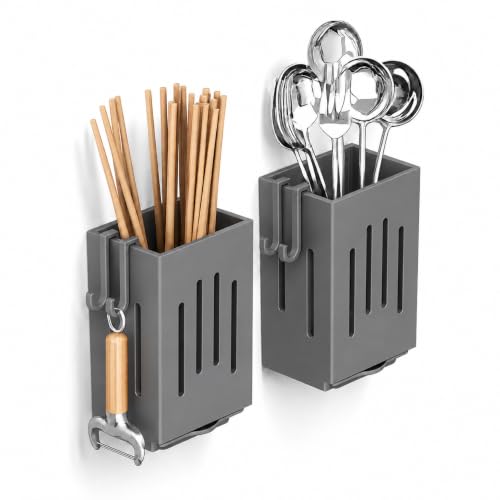 Image of KitchAntiqueWall Mounted 2 Pc Utensil Holder with Hooks | Self Draining Cutlery Organizer, Adhesive Installation | Waterproof Kitchen Spoon Chopstick Storage Rack for Countertop & Wall Use (Grey)