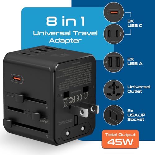 Image of Ceptics 8 in 1 Universal Travel Adapter for EU, UK, US, AU and More, World Travel Adapter, 2X US Socket, Universal Socket, 3X USB-C and 2X USB-A, 45W Fast Charge - UP-45KU-BL
