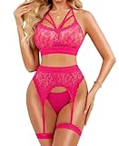 RSLOVE Damen Dessous Set Sexy – Spitzen BH und Tanga mit Strapsen Beinbänder, Mesh Body Outfit für Romantische Nächte, Besondere Anlässe, Intime Momente, Rosa Einheitsgröße