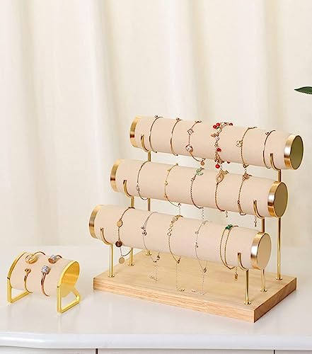 Image of Wooden Metal 3 Roll Gold Metal Chrome Finished Wooden Jewellery Display Stand (Beige)