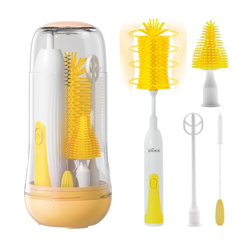 Image of Electric Bottle Brush Cleaner, Portable Electric Baby Bottle Brush Cleaner for Travel, Rechargable Travel Bottle Cleaner Kit with Nipple & Straw Brush, Perfect Mom Essentials After Birth Gift, Yellow