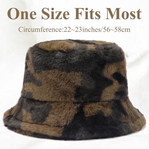 Image of Bucket Hat Women Furry Fuzzy Bucket Hats for Ladies, Winter Warm Fluffy Plush Faux Fur Hat for Women