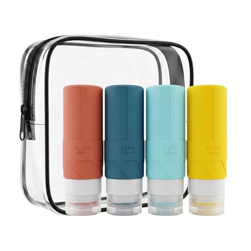 MIMISOLA 4 Piezas Botellas de Viaje Silicona, Botes Viaje Rellenables 100ML, Portátil Envases de Viaje a Prueba de Fugaspara Champú, Loción, Crema, Acondicionador y Gel de Ducha