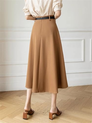 Women's High Waist A Line Midi Skirt Solid Loose Swing Office Skirt with Belt2