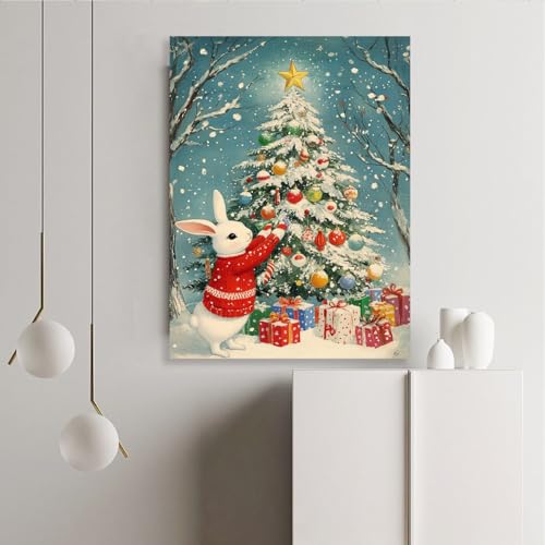 Sapin de Noël illustrations sur toile avec lapin blanc et cadre mural