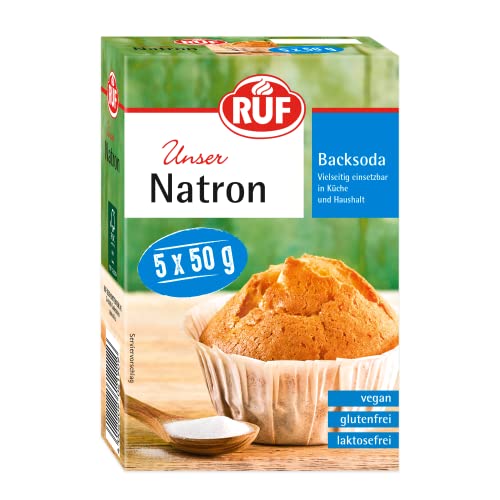 RUF Natron, Back-Soda, Alleskönner als Backtriebmittel, zum Binden von Säure, zum Entkalken und zur Verwendung in Haushalt & Bad, Vorratspack, 5 x 50g