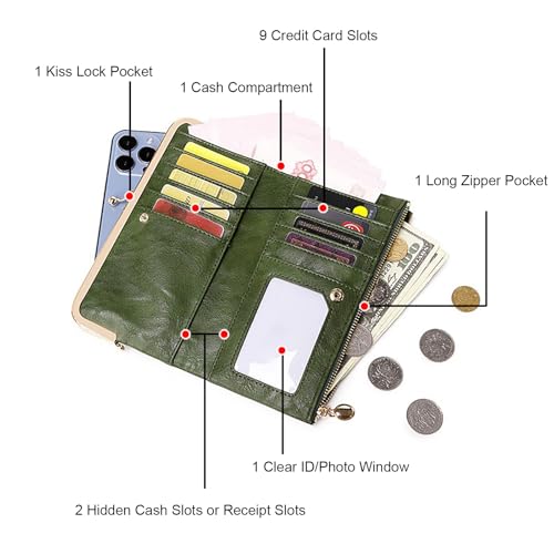 Vintage Women Long Wallets Bifold Ladies Purse Clutch with Kiss Lock and Zip Coin Pocket4