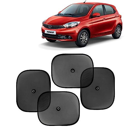 Image of KINGSWAY Car Window Curtain Sticky Sun Shades Compatible with Tata Tiago, (Year 2016-2020), Universal Fit Sunshades for Side Window, Rear Window, Black Color, 4 Pieces