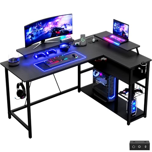 Devoko Gaming-Schreibtisch Ecke 140x80cm mit Doppel-Monitorhalterung, LED-Beleuchtung, höhenverstellbarer Ablage & Carbon-Optik Schwarz