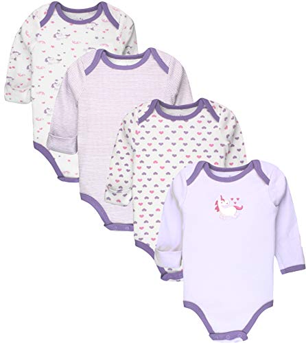 Maybe Baby Kids Infant Boys' and Girls' 4 Pack Set Cotton Baby Longsleeve Bodysuit Set w/Mitten Cuffs, Unicorn, 6/9 Months