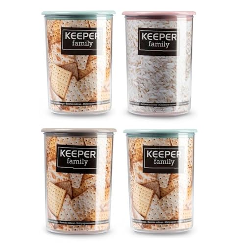 AC - Pack de 4 Botes Reutilizables de plástico, Modelo Keeper, recipientes, almacenaje, Galletas, legumbres, Cereales, café, Fabricado en España - 1 litro - 15 x 11 cm - Color Aleatorio