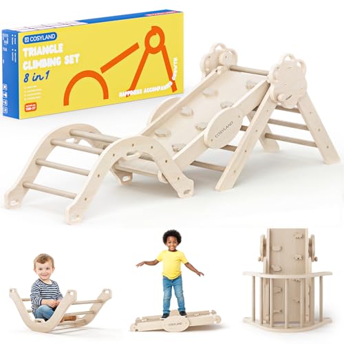 COSYLAND 8-in-1 Montessori Klettergerüst Holz ab 18 Monate Kletterdreieck mit Rutsche & Kletterbogen Natur Indoor Spielplatz für Kleinkinder bis 3 Jahre