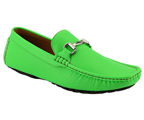 Amali Summer – Men’s Driving Moccasins – Mens Slip On Loafer Moccasins, Slip-on Dress Shoes – Bright Perforated Men’s Driving Moccasins with Silver Bit – Neon Green Size 13
