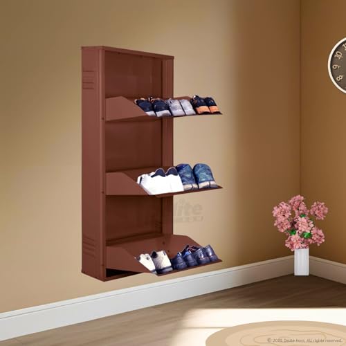 Image of DELITE KOM 20 Inch Wide, 3 Shelf Metal Shoe Rack Wall Mounted for Home with Central Lock | Holds Upto 8 Shoes or 12 Slippers Pair | 1 Year Warranty | (41 x 20 x 5 Inch, Coffee) | DIY | Space Saving